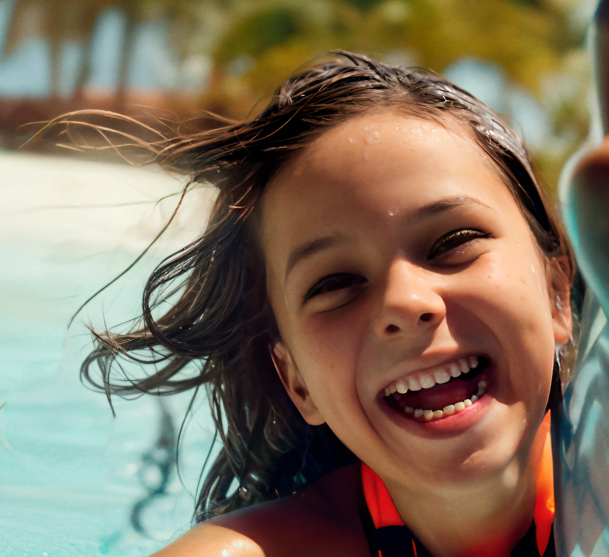 Capa de filme estilo Disney,  in swimsuit, branca de 2 anos, na piscina em cima de uma boia, sorrindo