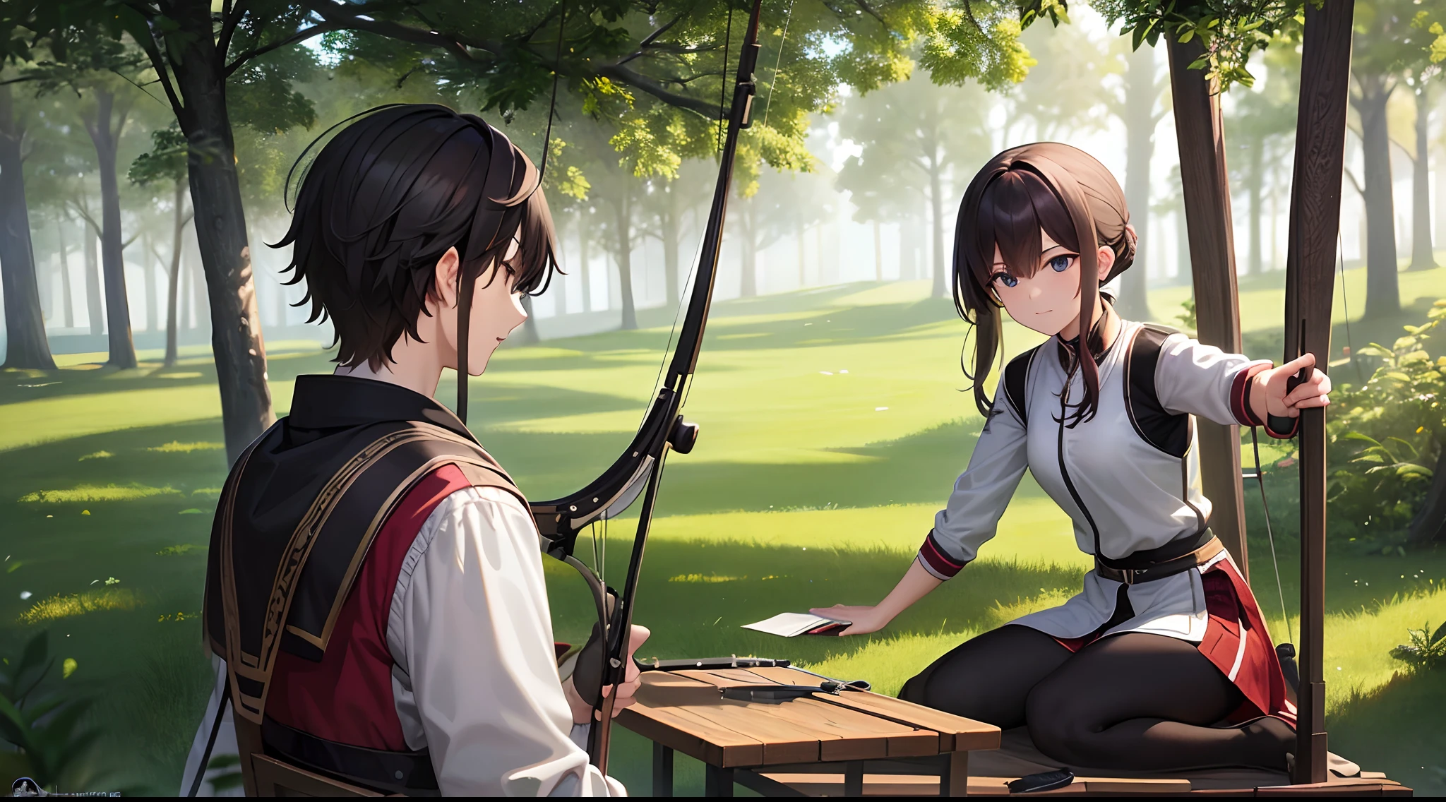 Describe the master and the student as they prepare for a unique archery practice session in the forest. Set the scene with rich details.