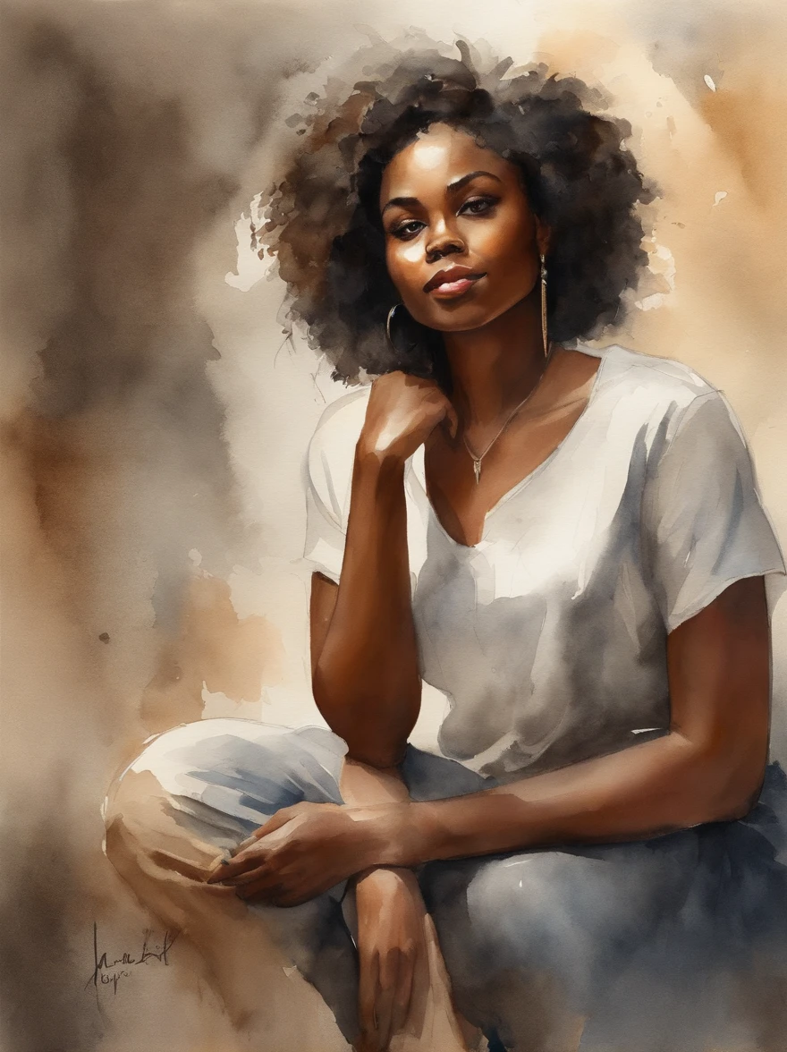 Watercolor painting of a beautiful black girl : : Trending on Artstation: : Simple composition creates a sense of order and harmony. The painting reflects the spiritual qualities of the natural world. --up light --ar 9:16