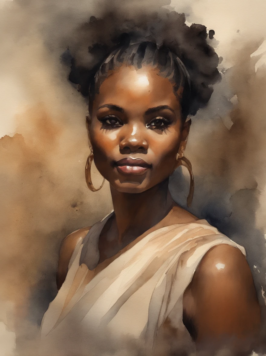 Watercolor painting of a beautiful black girl : : Trending on Artstation: : Simple composition creates a sense of order and harmony. The painting reflects the spiritual qualities of the natural world. --up light --ar 9:16