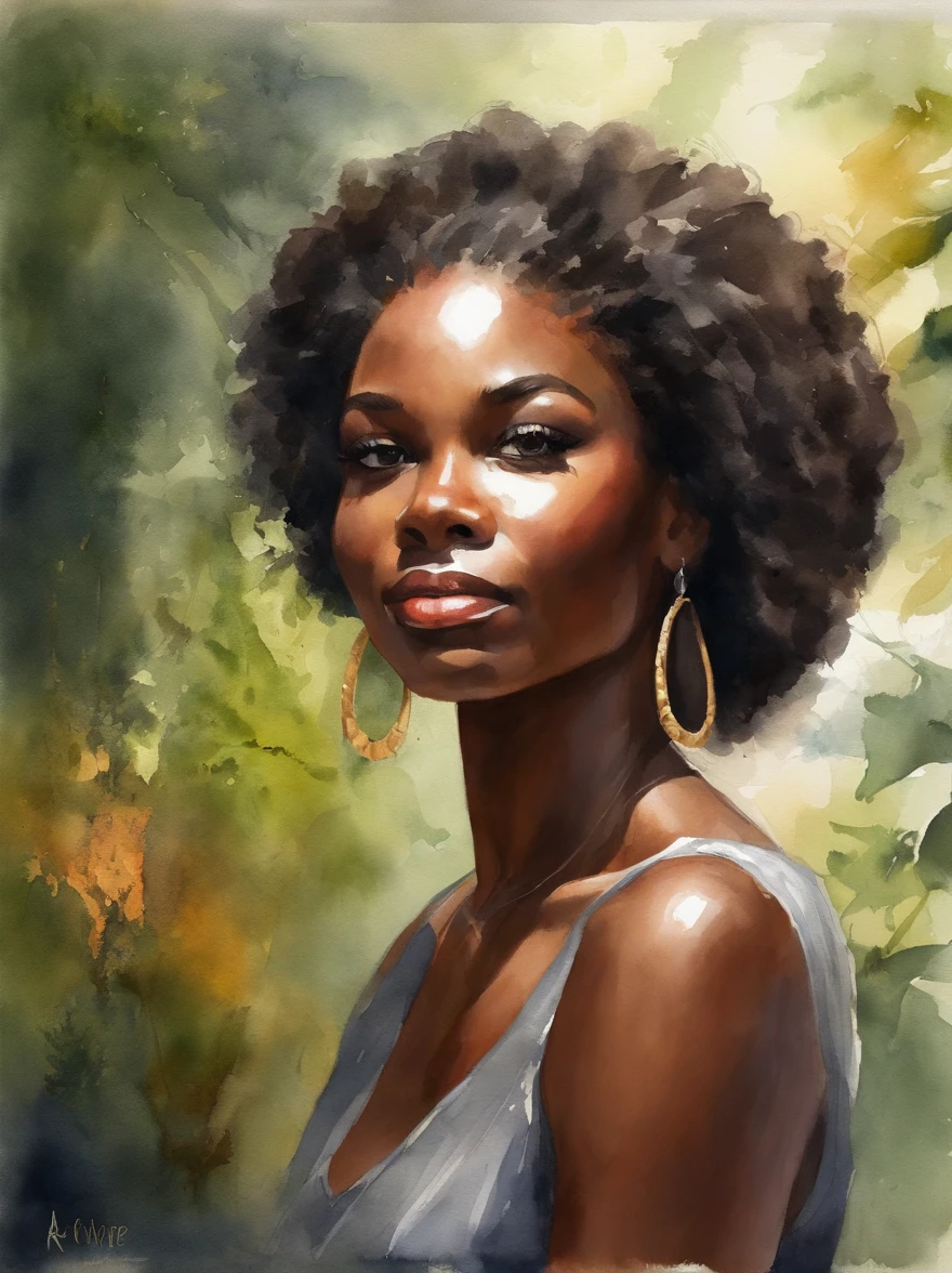 Watercolor painting of a beautiful black girl : : Trending on Artstation: : Simple composition creates a sense of order and harmony. The painting reflects the spiritual qualities of the natural world. --up light --ar 9:16