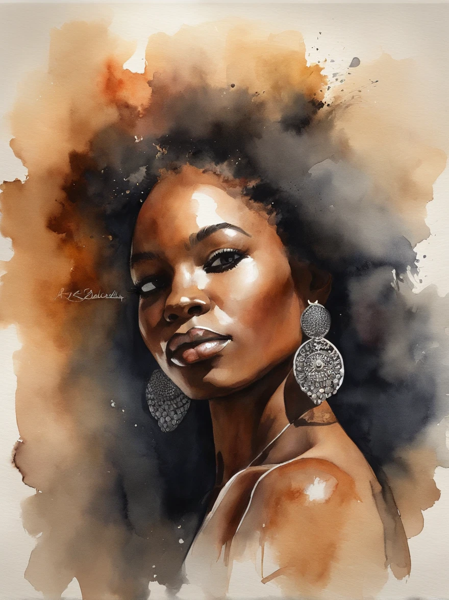 "Gere uma pintura em aquarela que retrate de forma realista uma mulher negra sensual e bonita, with cinema lighting, fundo transparente, textura da pele, vivid colors and a high level of realism."