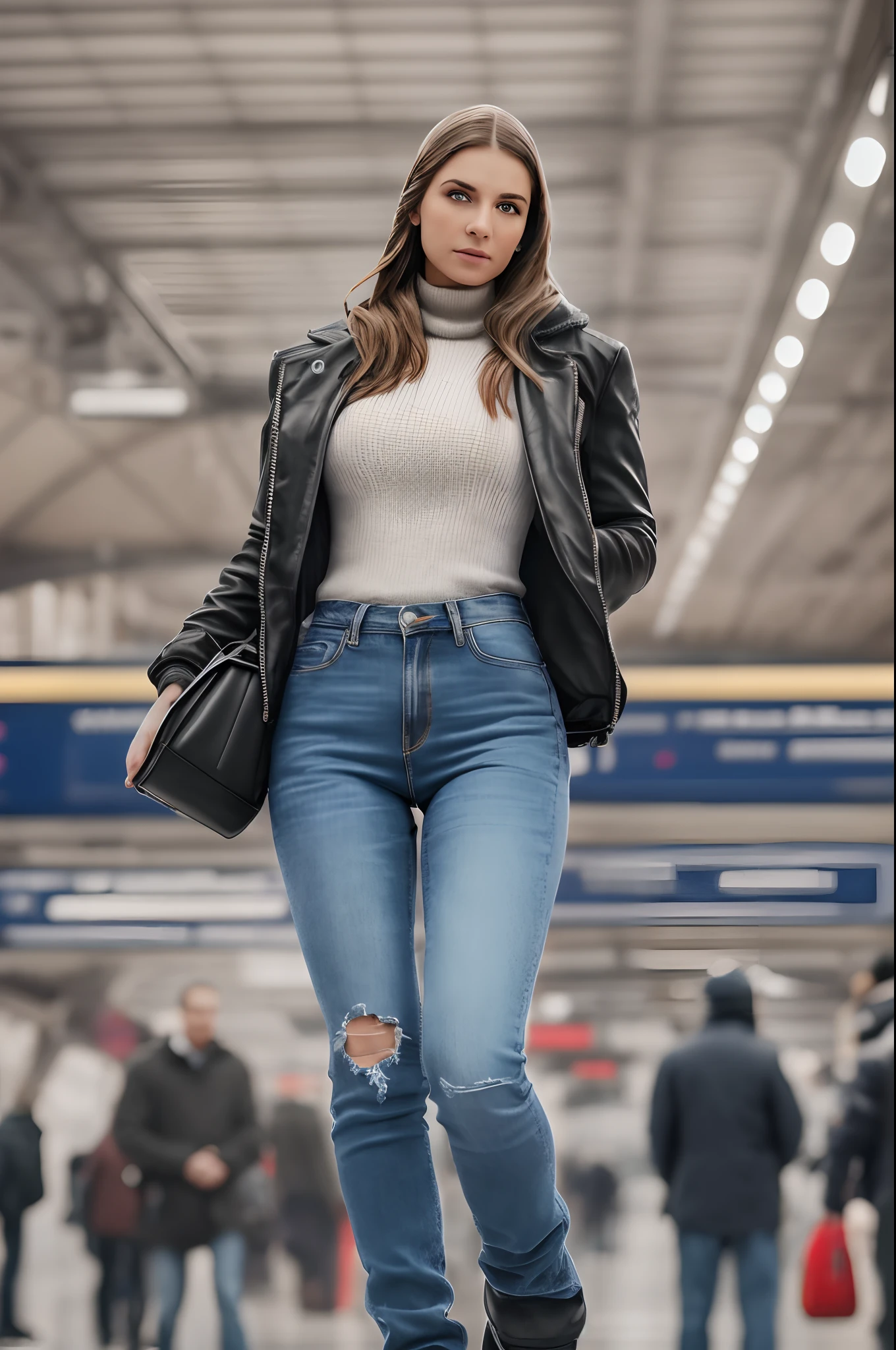 Ultra realistic, cinematic, professional photo shoot. Slavic girl in train station in winter jacked, jeans, black boots standing next to crowded station --auto --s2