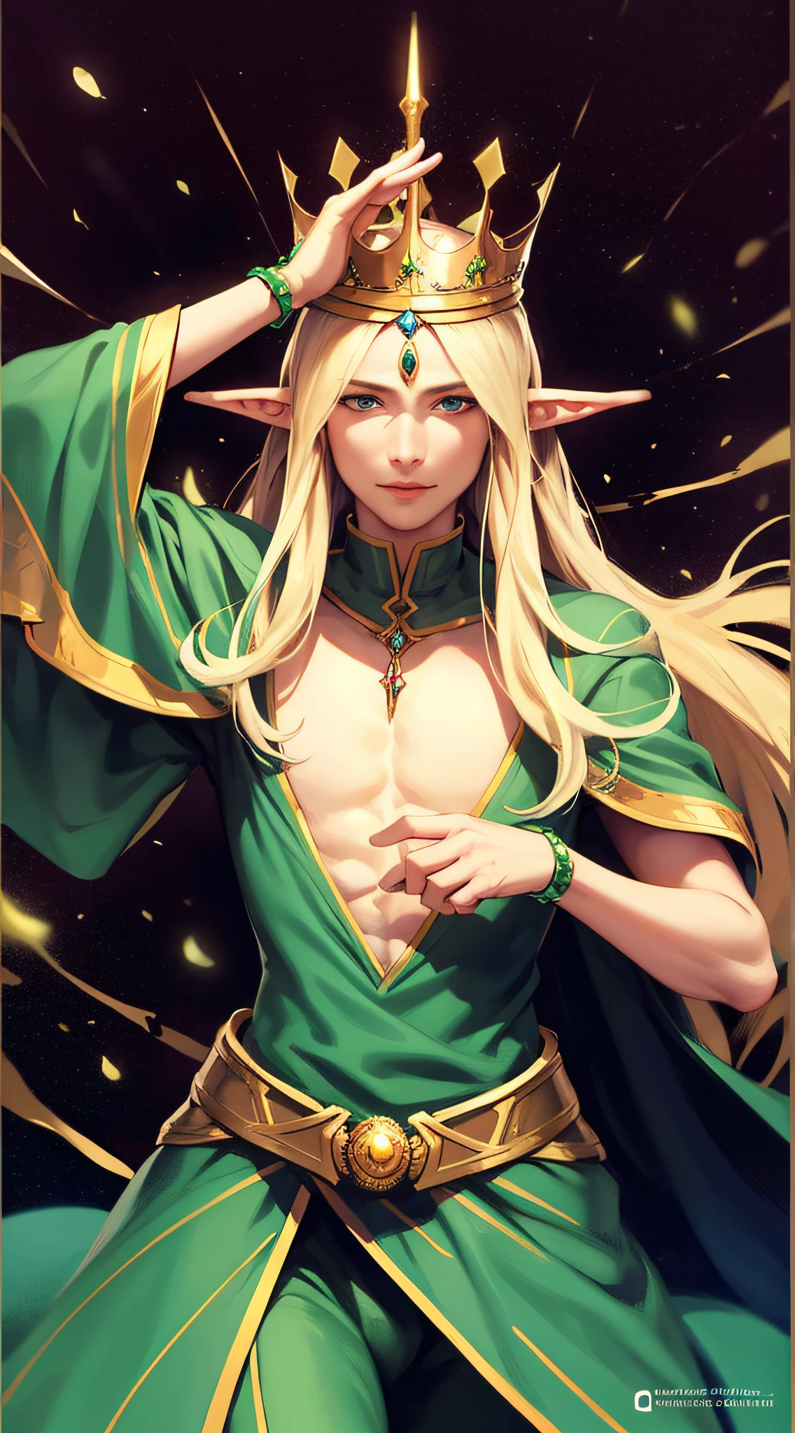 (hyper-realistic digital illustration), (perfect face:1.1), (high detail:1.1) full body shot one extremely handsome male elf (naked torso) wearing micro green g-string, mage long green cloak, clean shaved, front view, lying on his back, holding legs raised, athletic body, (white skin), bare chest, flat chest,(long green hair scruffy ), serene expression, small waist, muscular. best quality, high-resolution