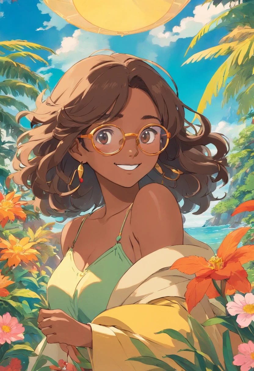 ((Masterpiece, hiquality, absurdress) 1Woman, black hair, curly hair, Afro-curly hair, Green eyes, a perfect face, the perfect body, big breastes, short stature, very dark skin, Hindu woman, 独奏, ((Best Quality)), ((Masterpiece)), (Detailed:1.4), Detailed eyes and face, bathing suit, swimming pool, Swim in the pool, Swimming pool in the garden, Lots of colors around, autumn, Trees in colorful foliage