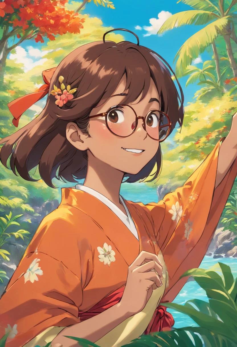 profesora latina, with dark complexion, anime, usando lentes color dorado, sonriendo, Colorful animation stills, Masami Teraoka, aguamarina, Paul Gauguin, Estilo Embry, Honest representation