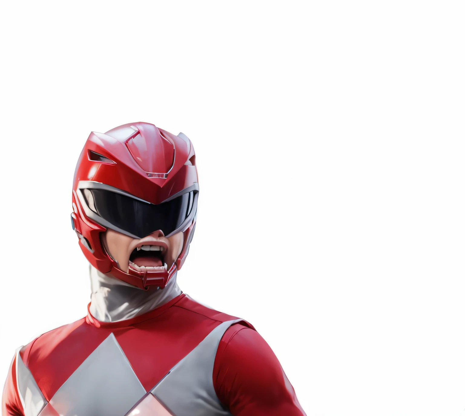 red power ranger, with his mouth outside the mask, his mouth is very open, he is in despair, screaming, 4k, super realistic, in profile