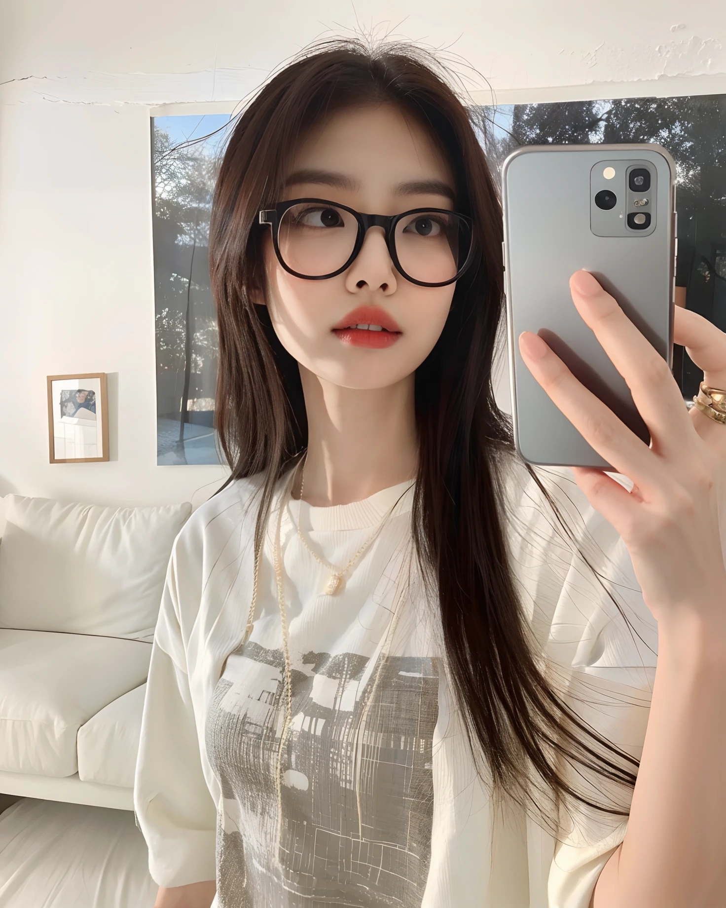 Woman with glasses taking a selfie in a living room, With eye Glasses, Ulzzang, linda mulher coreana jovem, wearing thin large round glasses, menina coreana, wearing small round glasses, Mulher sul-coreana bonita, with square glasses, Jaeyeon Nam, with glasses on, Heonhwa Choe, mulher coreana jovem bonita, Jinyoung Canela, wearing square glasses