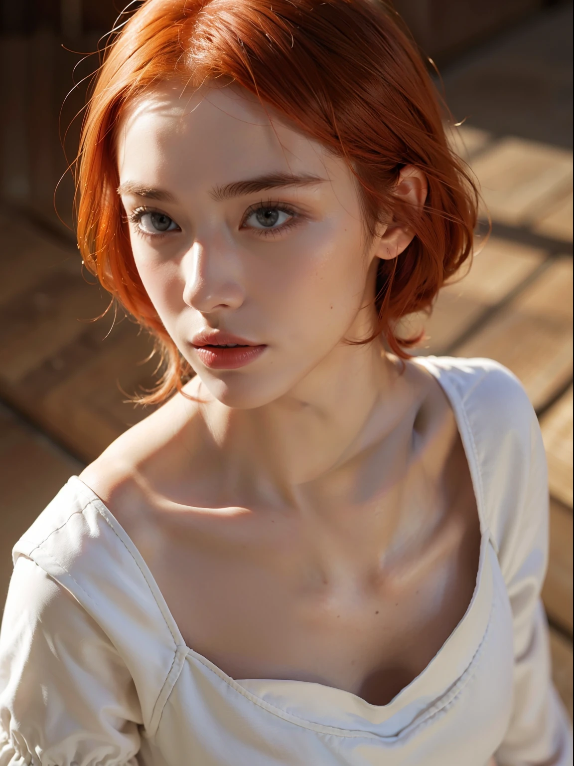 French Woman Raw Photo, (Actual skin texture: 1.3, 1 fille, a une frange, (((cheveux roux, Poitrine moyenne: 1.3)), cheveux longs, (Haut du corps), (Prise de face) , expression extatique, Bouche grande ouverte, Map from above, (haute couture) French woman, Leica, luz, Art