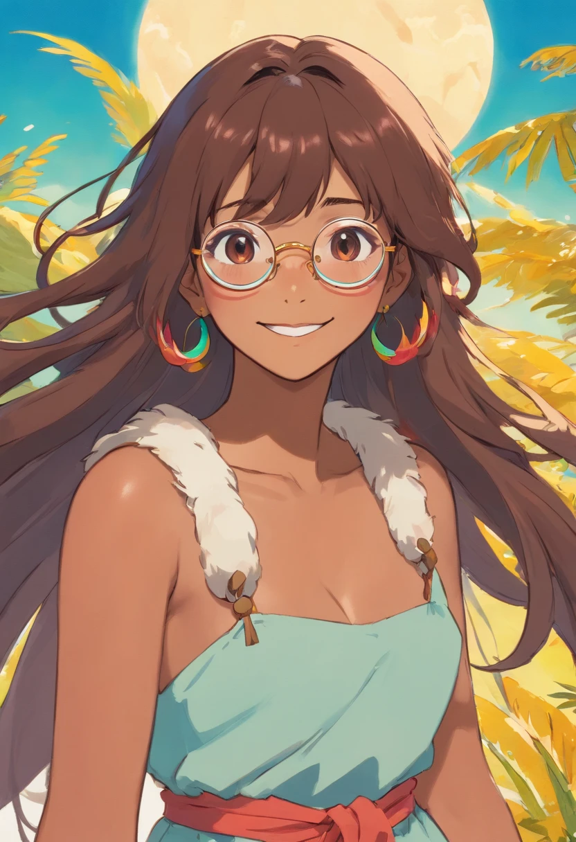profesora latina, with dark complexion, anime, cabello largo liso, usando lentes color dorado, sonriendo, Colorful animation stills, Masami Teraoka, aguamarina, Paul Gauguin, Estilo Embry, Honest representation