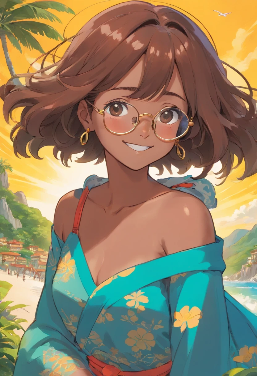 profesora latina, with dark complexion, anime, cabello largo liso, usando lentes color dorado, sonriendo, Colorful animation stills, Masami Teraoka, aguamarina, Paul Gauguin, Estilo Embry, Honest representation