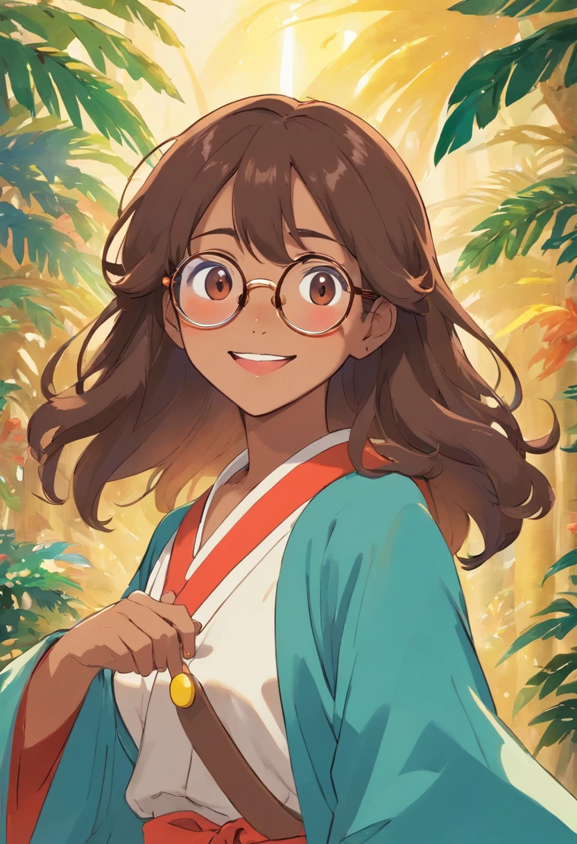 profesora latina, with dark complexion, anime, cabello largo liso, usando lentes color dorado, sonriendo, Colorful animation stills, Masami Teraoka, aguamarina, Paul Gauguin, Estilo Embry, Honest representation