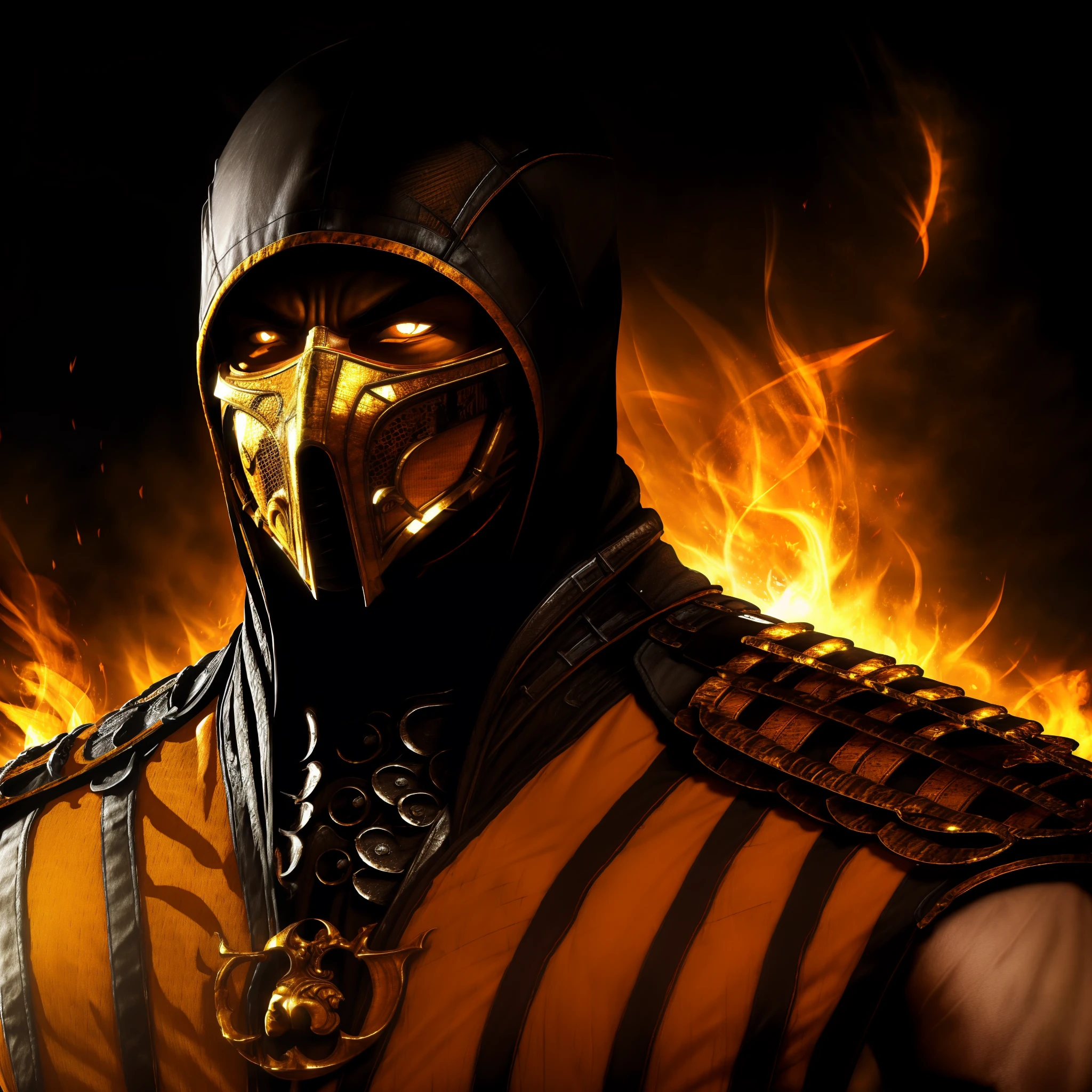 (8k wallpaper:1.2),(Ultra-high resolution:1.2),(masterpiece:1.1),wallpaper,High quality,masterpiece,(High detail),1man, scorpion, wearing a black and orange outfit, wearing a black and orange face mask, surrounded by the flames of hell, photorealistic, hyper detailed, extremely detailed, absolutely stunning art, wallpaper 8k