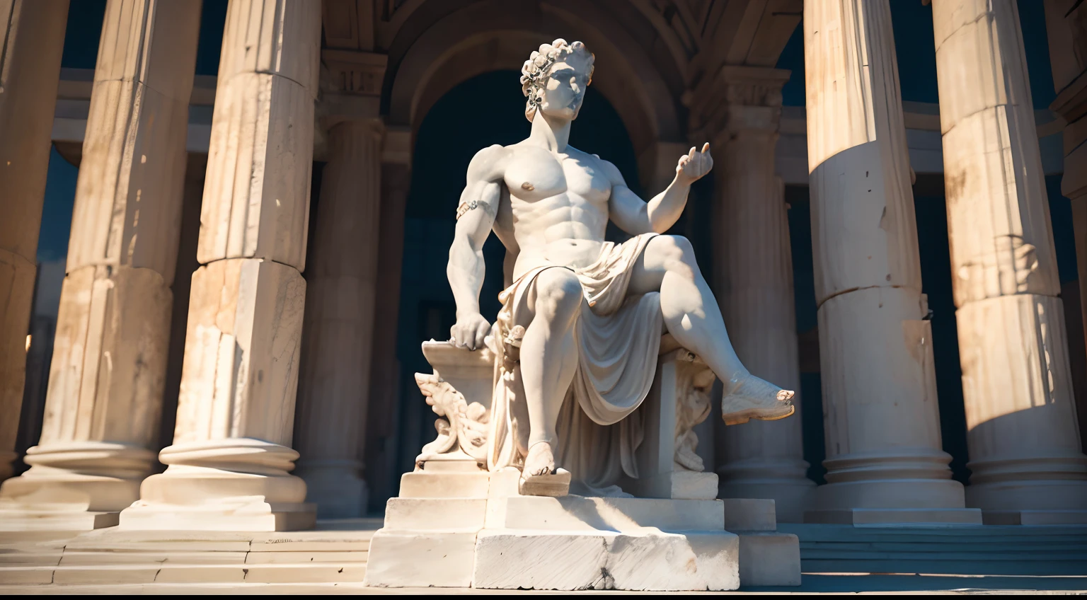 Ancient Greek statue with angry expression, Outside, com rosto extremamente detalhado full body view, Colors with low saturation with dark tone, Filmado em Sony A7S III com Sony FE 35mm f/1.8, 12.1 MP, --AR 3:2 --estilo cru