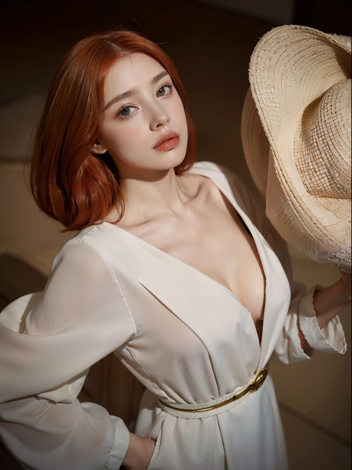 Femme europe, Photo brute, (Actual skin texture: 1.3, 1 fille, a une frange, (((cheveux roux, Poitrine moyenne: 1.3)), cheveux longs, (Haut du corps), (Prise de face) , expression extatique, Bouche grande ouverte, Map from above, (robe en voile, haute couture) French woman, Leica, luz, Art