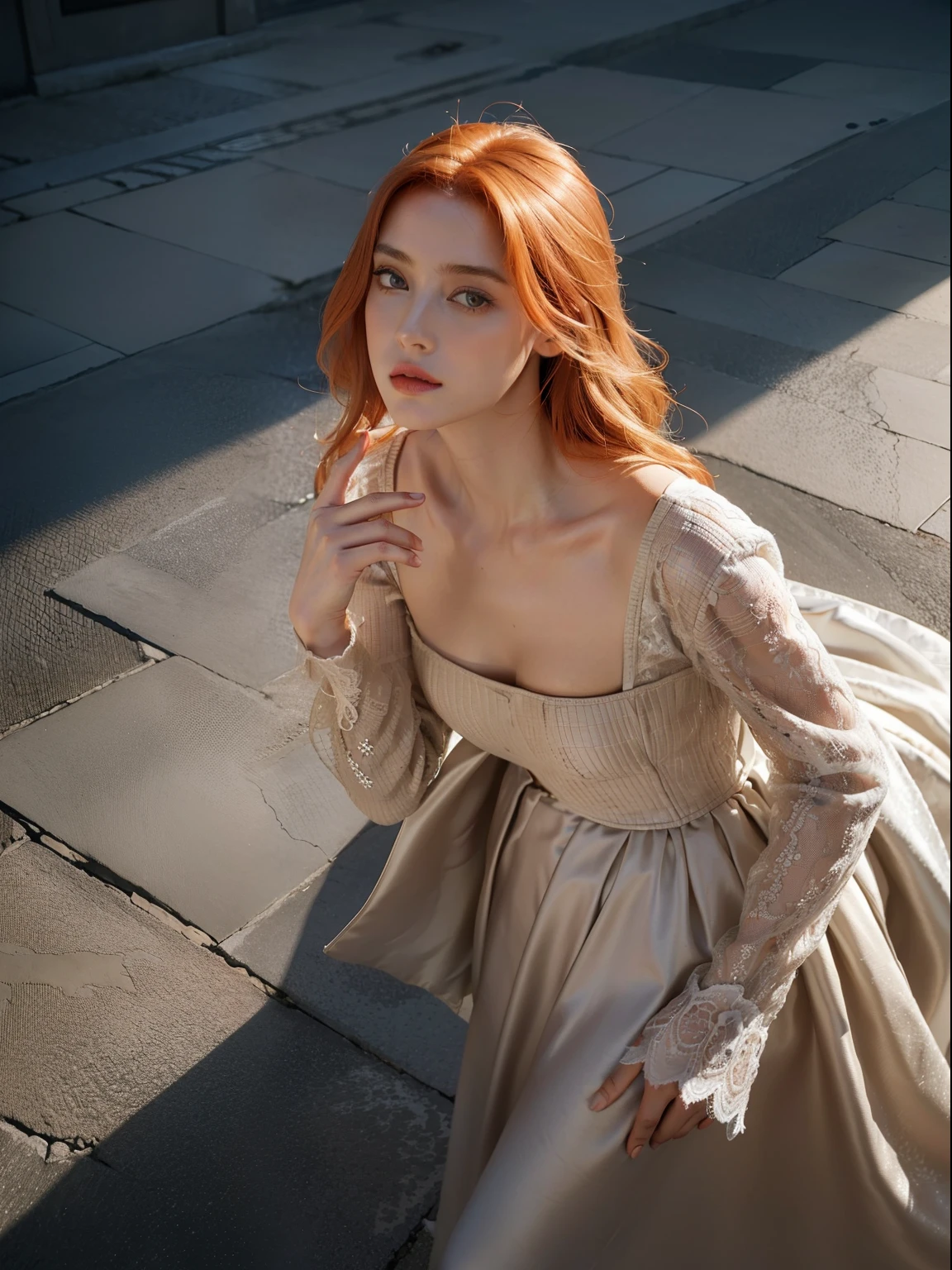 Photo brute de femme italienne, Vogue Magazine (Actual skin texture: 1.3, 1 fille, a une frange, (((cheveux roux, poitrine moyenne: 1.3)), cheveux longs, (Haut du corps), (prise de face) , expression extatique, Bouche grande ouverte, Map seen from above, (haute couture) French woman, Leica, luz, art