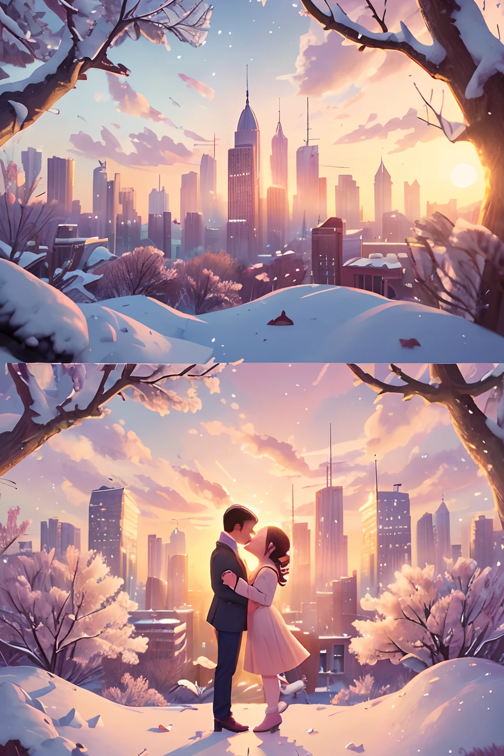 (best quality,4k,8k,highres,masterpiece:1.2),ultra-detailed,(realistic,photorealistic,photo-realistic:1.37),the last sunset before leaving,winter sky at sunset,soft colors,pink orange,blue,mist,rows of trees and buildings,peaceful atmosphere,serene winter landscape,subtle hues,receding sunlight,golden hour,quiet streets,gentle breeze,kiss of warmth,city silhouette,icy branches,elegant architecture,wistful mood,majestic skyline,little snowflakes dancing,final goodbye.