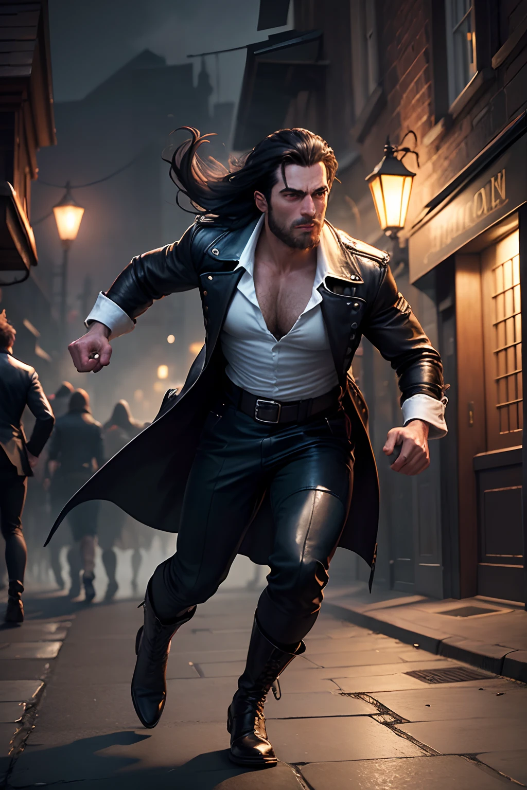 Rogue 30 year old male dark hair white shirt black leather coat dodging drunk sailors punch in street brawl outside medieval fantasy port city tavern, dark and foggy night, humorous atmosphere, spectating townsfolk.