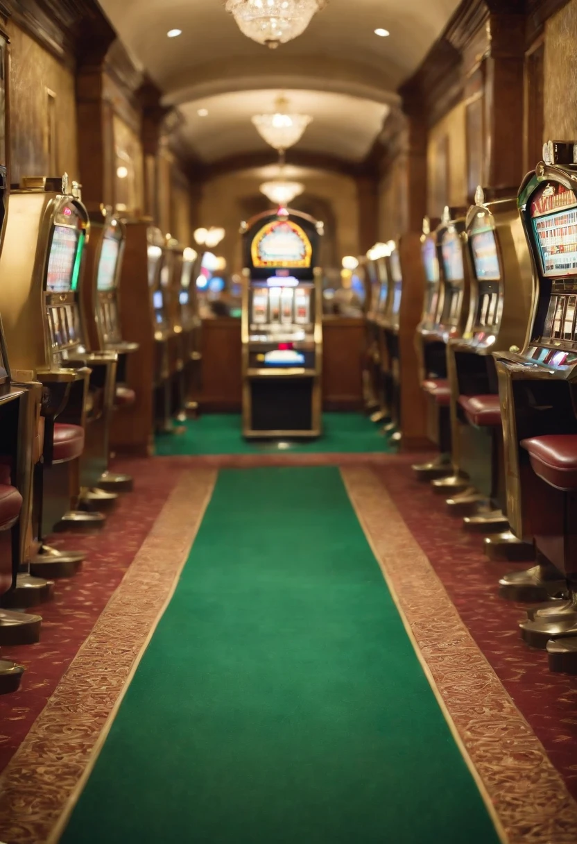 Large room with green carpeting on the floor and gilded walls, A hallway full of slot machines throwing $100 bills into the air