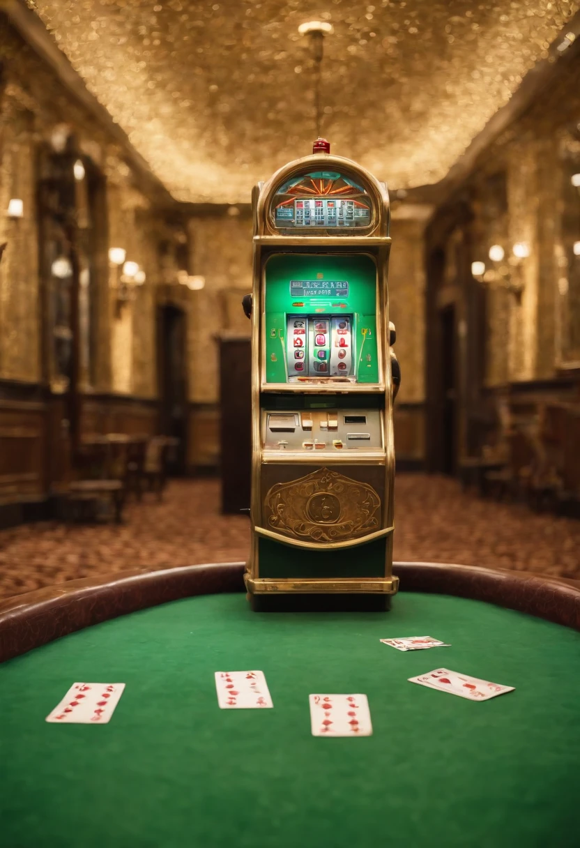 Large room with green carpeting on the floor and gilded walls, A hallway full of slot machines throwing $100 bills into the air