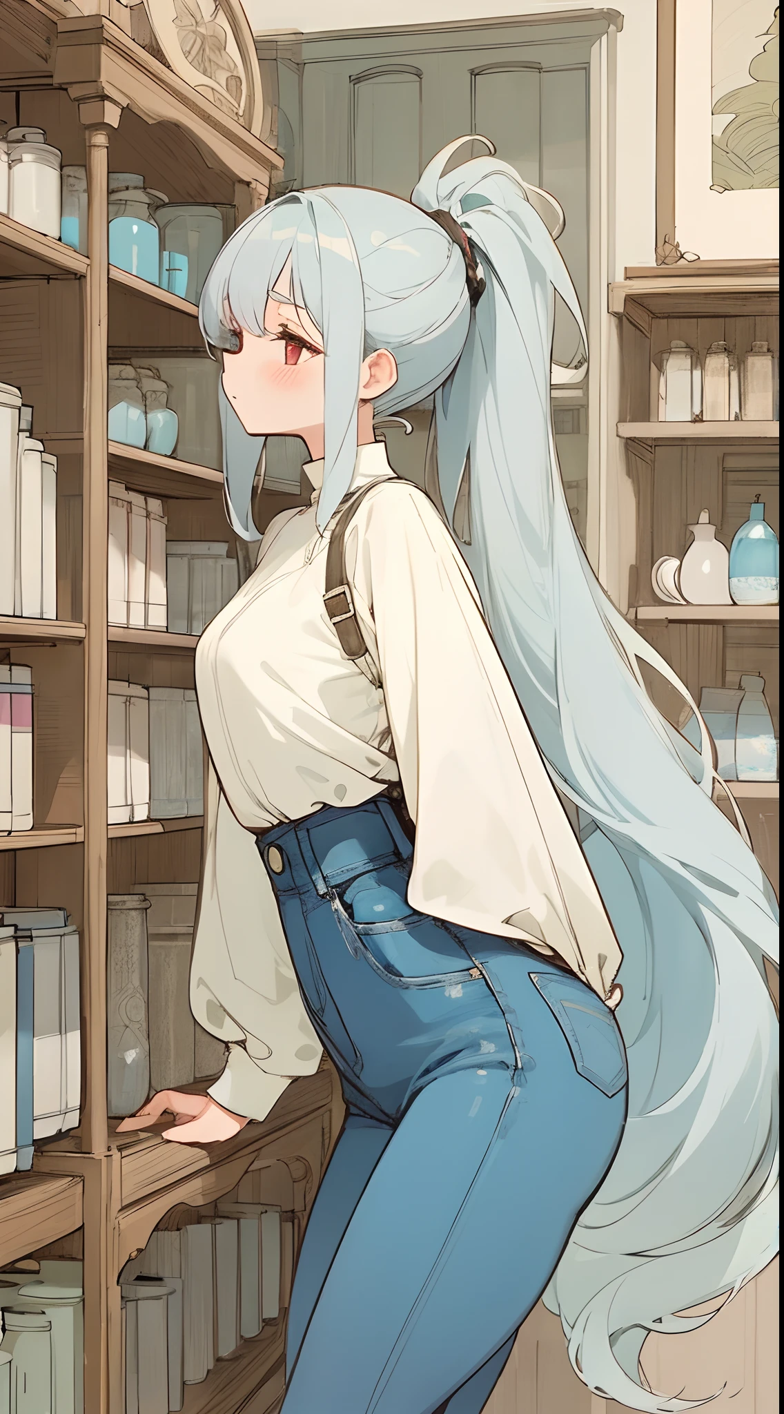 (masterpiece, best quality) detailed, 1Character , blue archive art style , pastel washed out colors , cell shade , soft, muted shades ,gentle colors ,
In a cute little shop , lots of shelves, neatly stocked , cozy atmosphere, Beautiful woman , very long hair , gray hair , red eyes , large chest , thick eyelashes, mysterious, half closed eyes , athletic build , Graceful and poised, adult , not chibi, wearing a loose fitting top , high waisted blue jeans , hair in a ponytail, high fashion