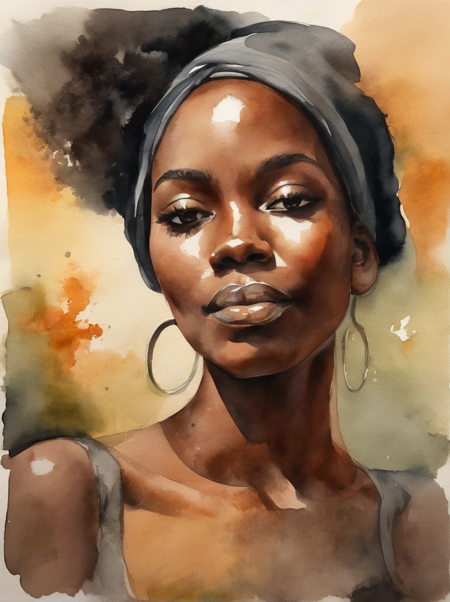 Watercolor painting of a beautiful black girl : : Trending on Artstation: : Simple composition creates a sense of order and harmony. The painting reflects the spiritual qualities of the natural world. --up light --ar 9:16