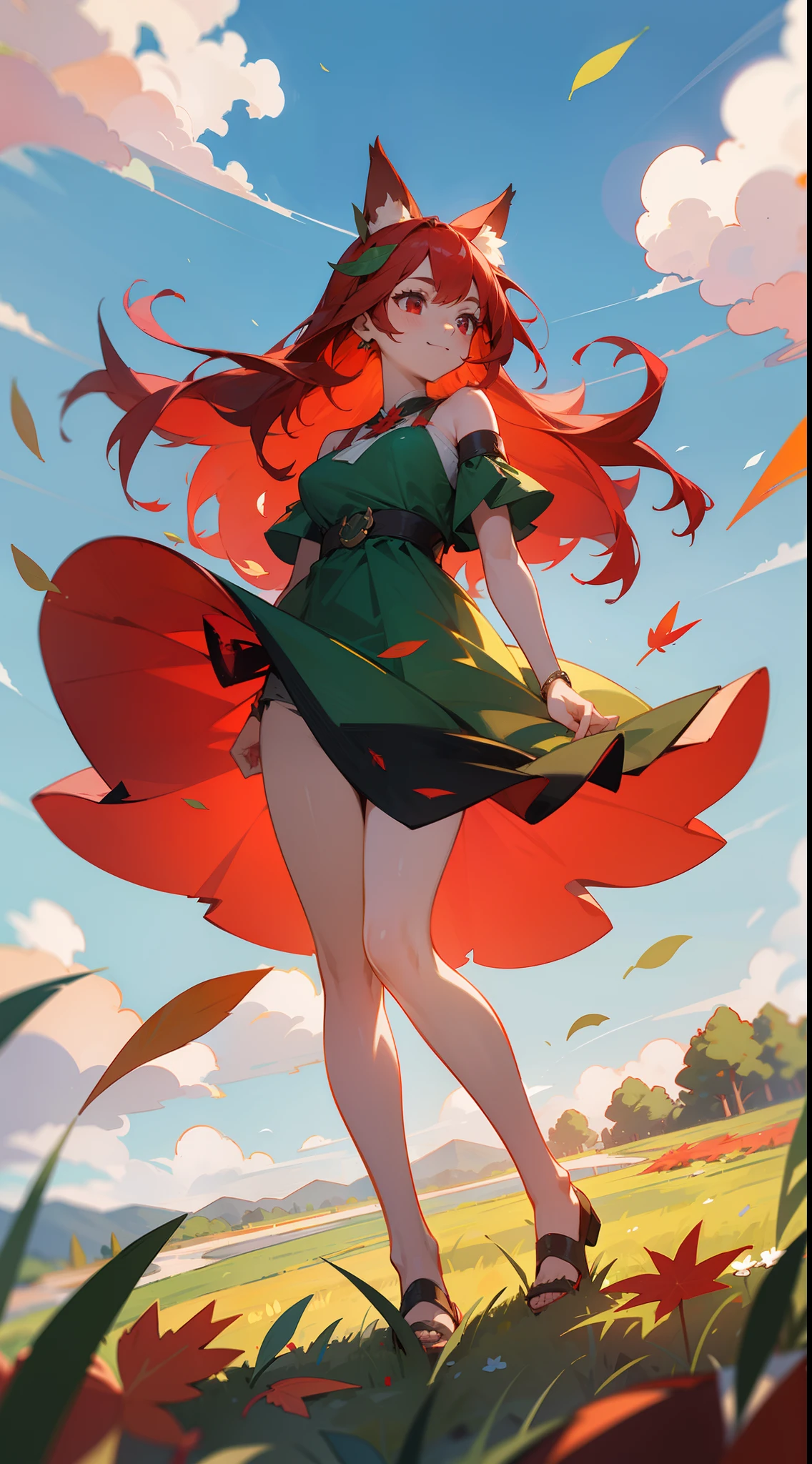 1girl ,20s,smile,closed mouth,spring dress,medium tits,red hair,long hair,red eyes,fox ears,grass,flowers,blue sky,clouds,spring_leaves, falling_leaves, holding_leaf, leaf, leaf_background, leaf_hair_ornament,river,depth_of_field,leaves_in_wind, forest, outdoors, nature,full body