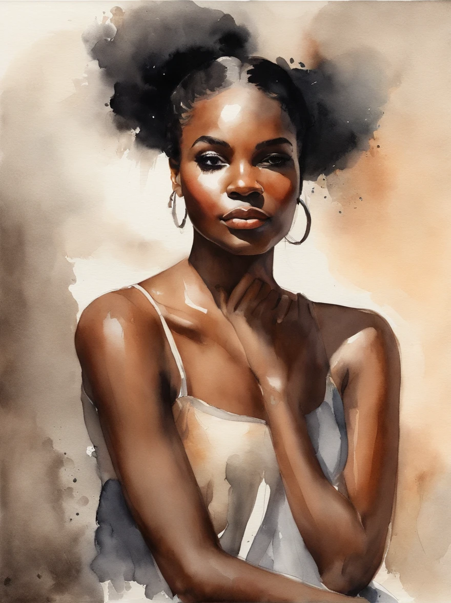 Watercolor painting of a beautiful black girl : : Trending on Artstation: : Simple composition creates a sense of order and harmony. The painting reflects the spiritual qualities of the natural world. --up light --ar 9:16