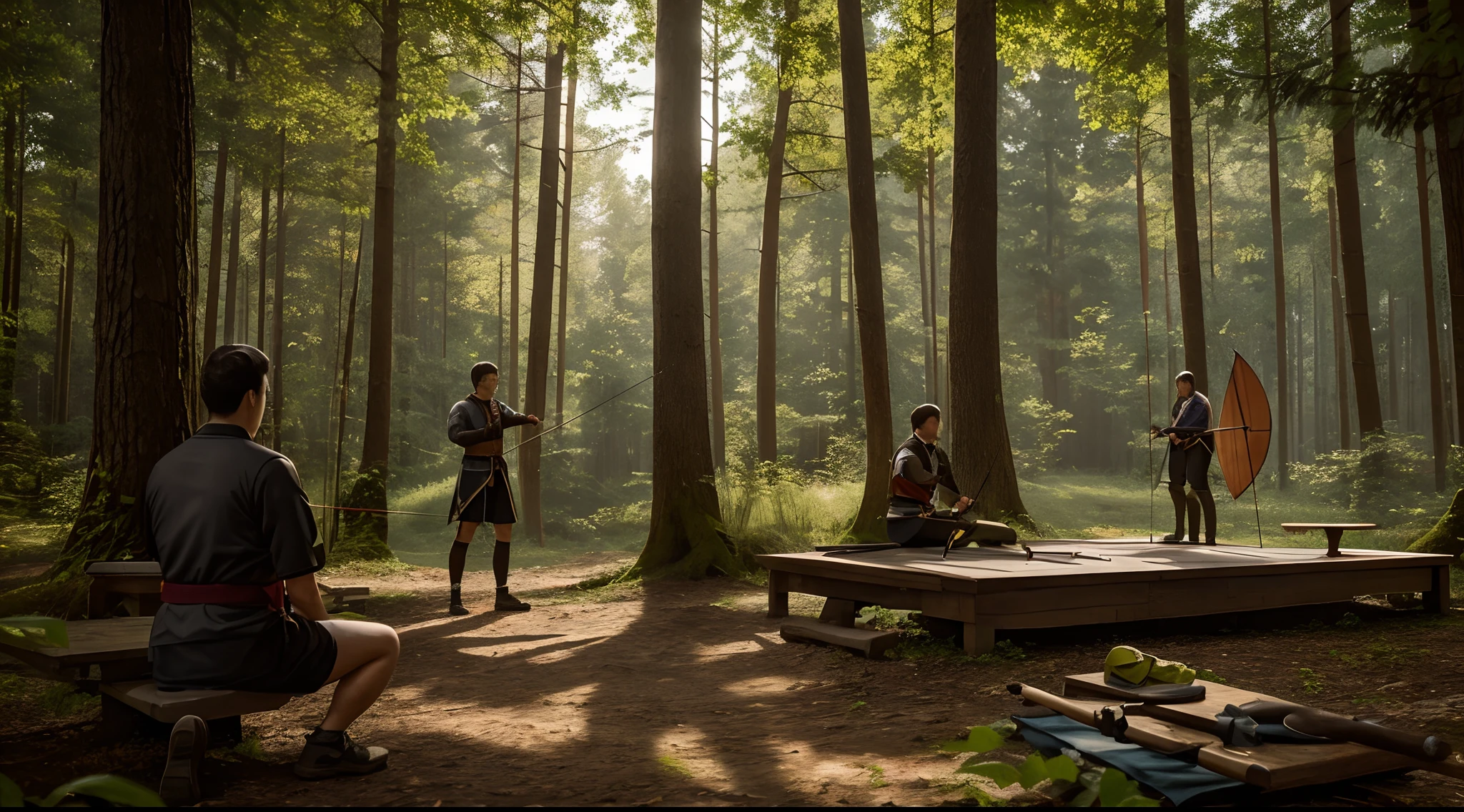 Describe the master and the student as they prepare for a unique archery practice session in the forest. Set the scene with rich details.