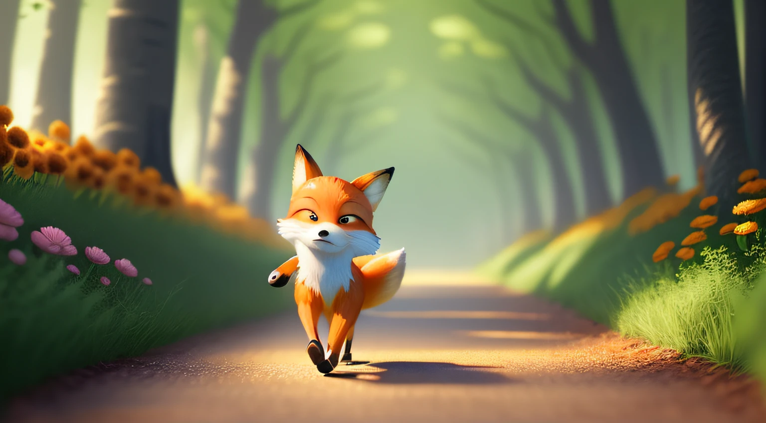 adorable fox in style movie pixar, cinematic，close-up，walking path forest, very cute, flowers, birds and fruits