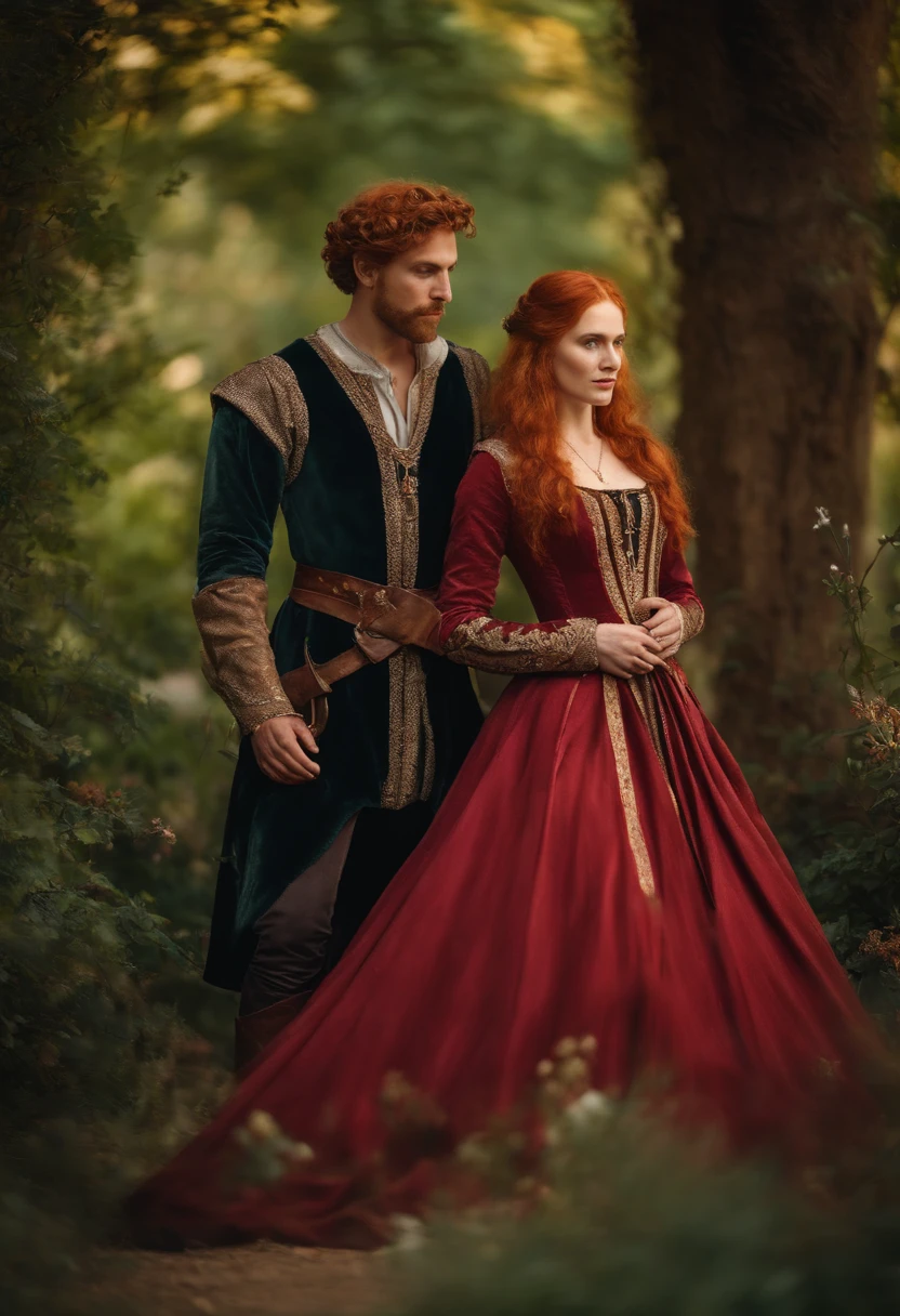 A light brown man and a red-haired woman dressed in medieval clothes posing for a painting, like a medieval fantasy character, in a garden