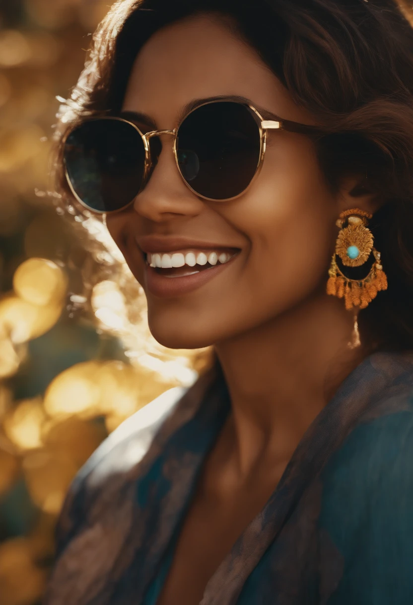 profesora latina, with dark complexion, anime, cabello largo liso, usando lentes color dorado, sonriendo, Colorful animation stills, Masami Teraoka, aguamarina, Paul Gauguin, Estilo Embry, Honest representation