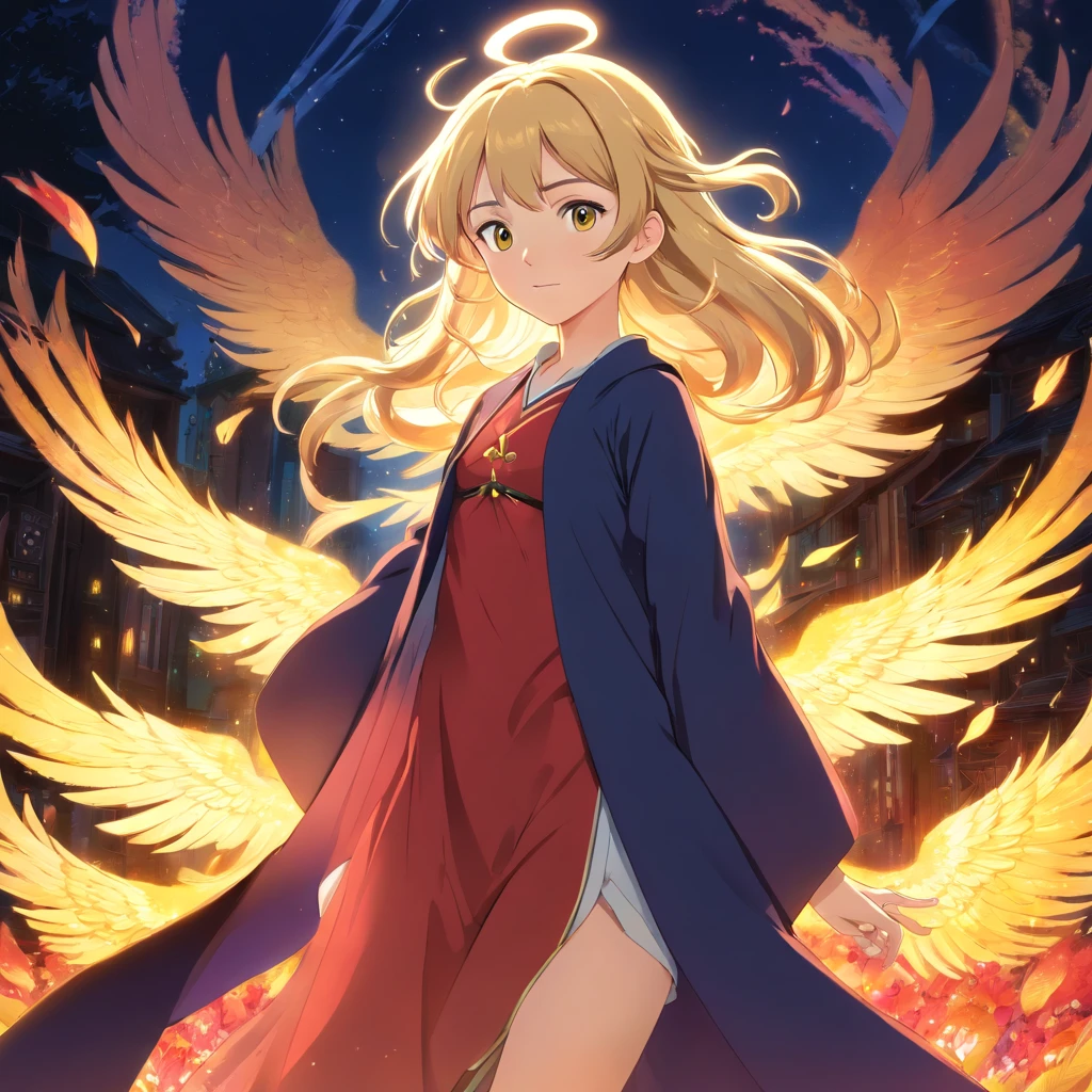 realistic, (masterpiece, top quality, best quality, official art, beautiful and aesthetic:1.2,8k, 4k), extremely detailed, fractal art, colourful, highest detailed,(abstract background:1.3) solo mature female , tall good build girl, (golden phoenix), blonde hair, bright eyes, hair slicked back, short hair, black robe,