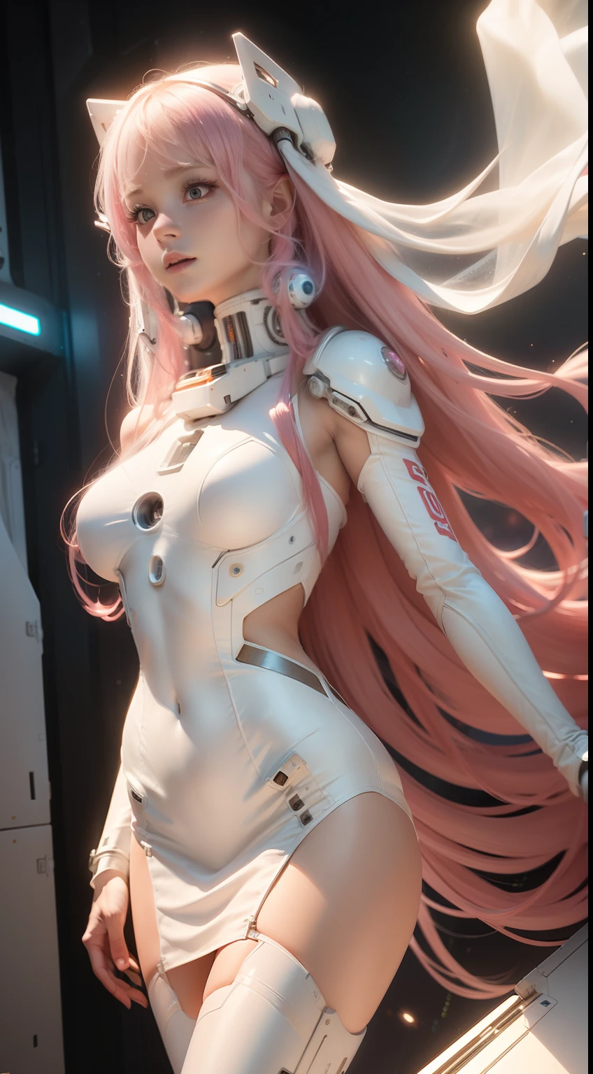 (Best Quality), Masterpiece, 8K, RAW, Cute white Silk Bride Naked,(Photo-realistic), white silk Dress, Pink long Hair, zero-gravity, Full-Body Portrait, soft Lighting, Mecha-Implants, (Cybernetics:1.2), Space-station, Particles floating in Air