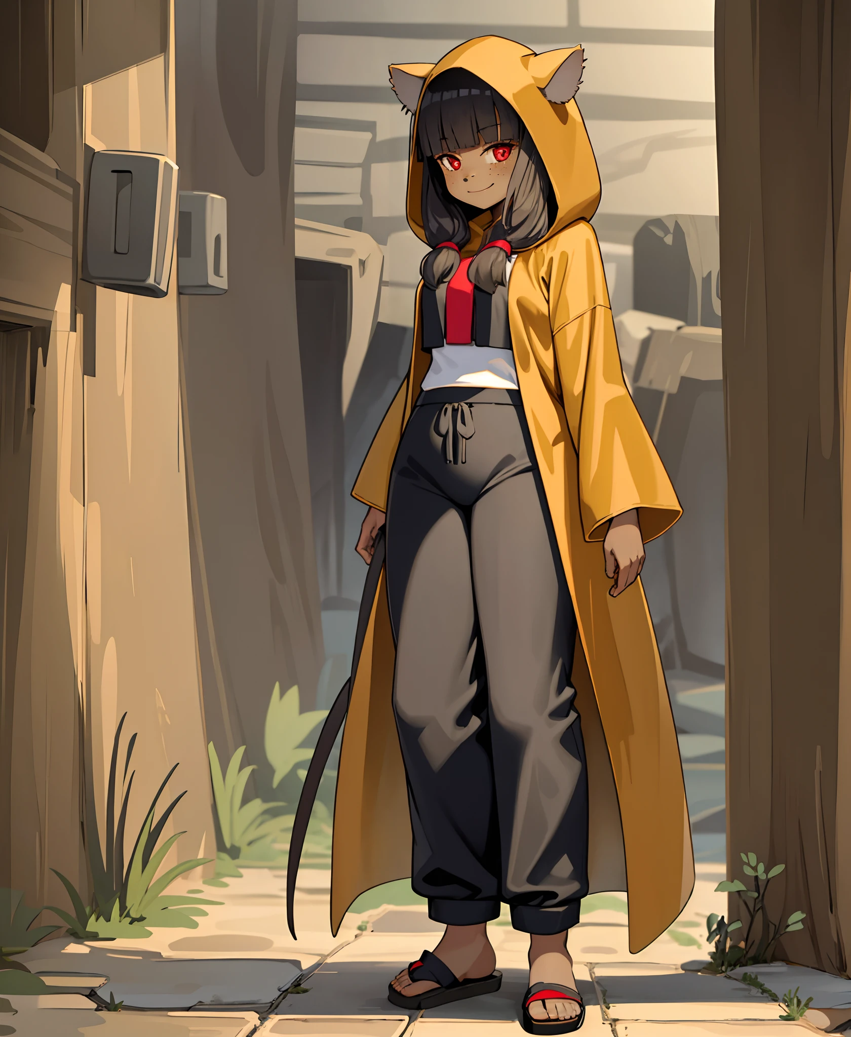 girl, dark skin, smile, cat ears, bangs, long hair, freckles, full body, ,, red eyes, hood , cloak, yellow cloths, full body, flipflops, long skirt, pants