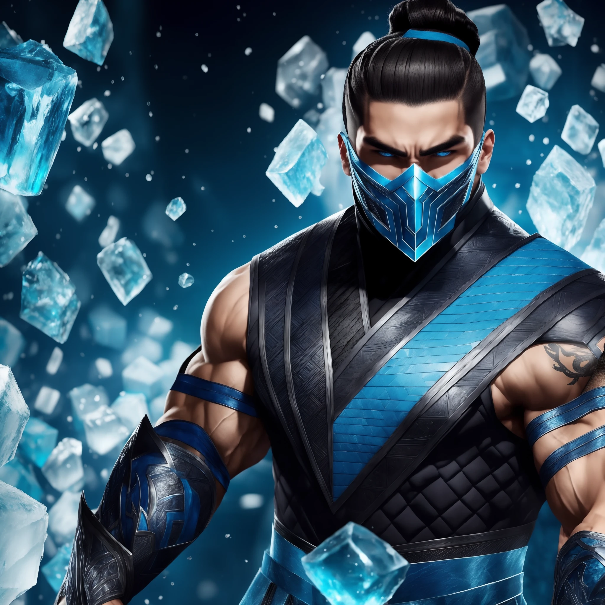 A man, sub Zero,man bun hairstyle,blue and black outfit, surrounded by ice