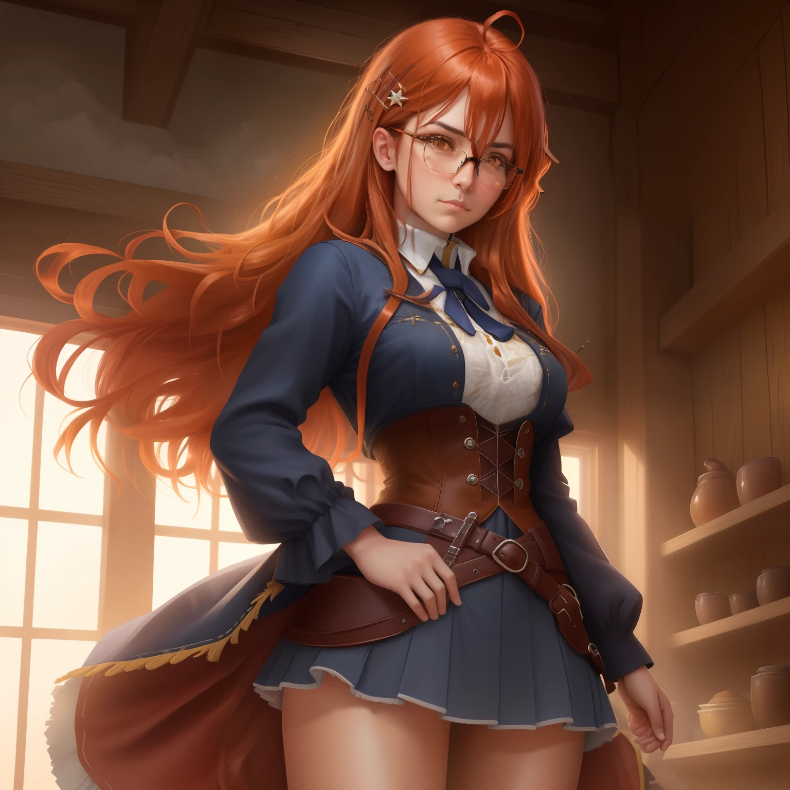 8k, masterpiece, best quality, realistic, higly detailed, cowboy shot, 1girl, solo, itsuki, serious looking girl, medium-length hair, expressive ahoge, reddish-orange hair, a pair of star-shaped hairpins near both of her eyes, dark blue eyes, average height, well-endowed figure, glasses, cute, Virtuous