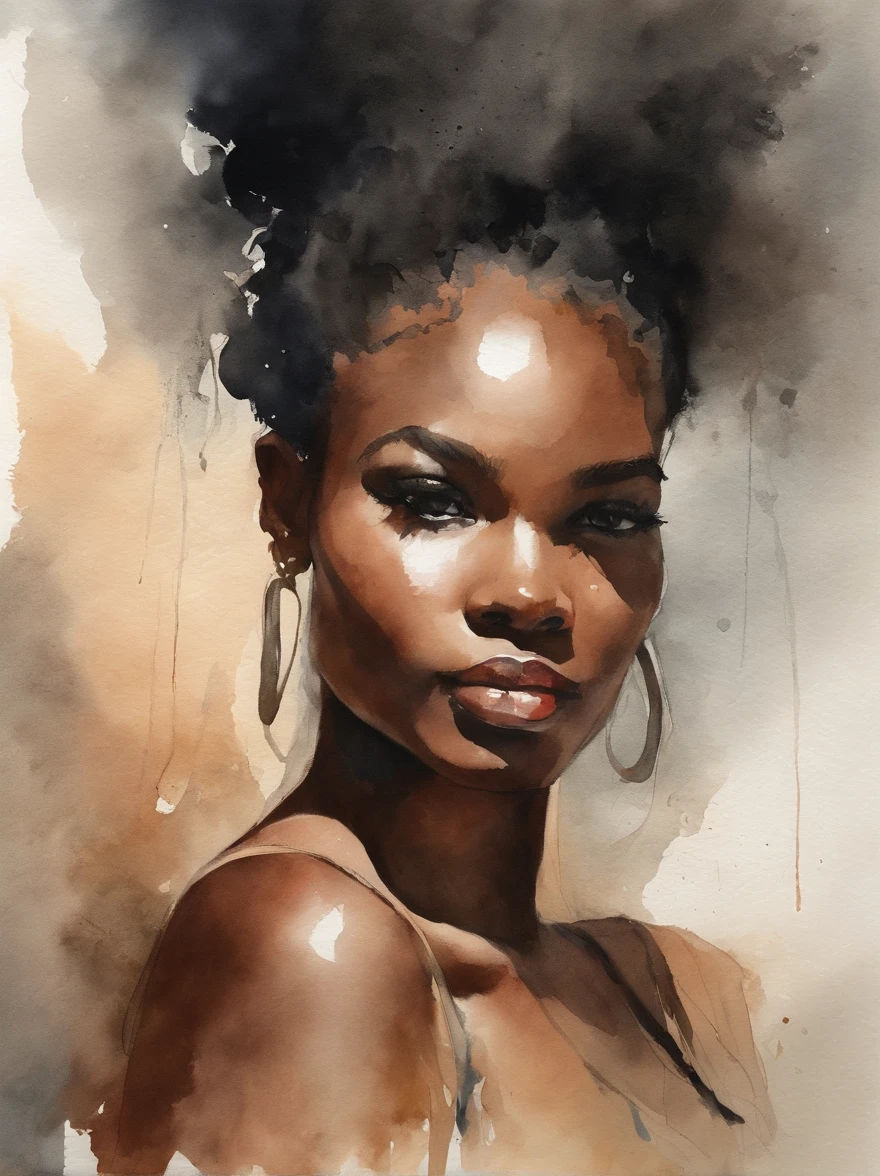 Watercolor painting of a beautiful black girl : : Trending on Artstation: : Simple composition creates a sense of order and harmony. The painting reflects the spiritual qualities of the natural world. --up light --ar 9:16