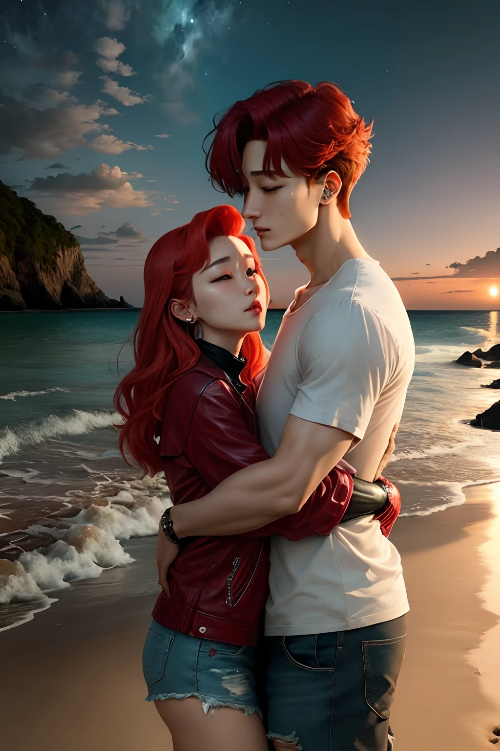 Red-haired IU and Jungkook hugging on a beach at night, arte realista