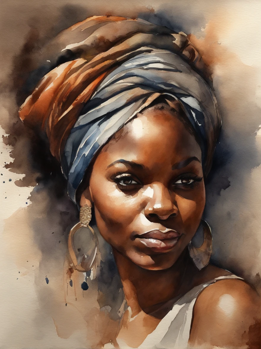 Watercolor painting of a beautiful black girl : : Trending on Artstation: : Simple composition creates a sense of order and harmony. The painting reflects the spiritual qualities of the natural world. --up light --ar 9:16