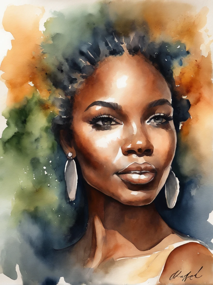 Watercolor painting of a beautiful black girl : : Trending on Artstation: : Simple composition creates a sense of order and harmony. The painting reflects the spiritual qualities of the natural world. --up light --ar 9:16