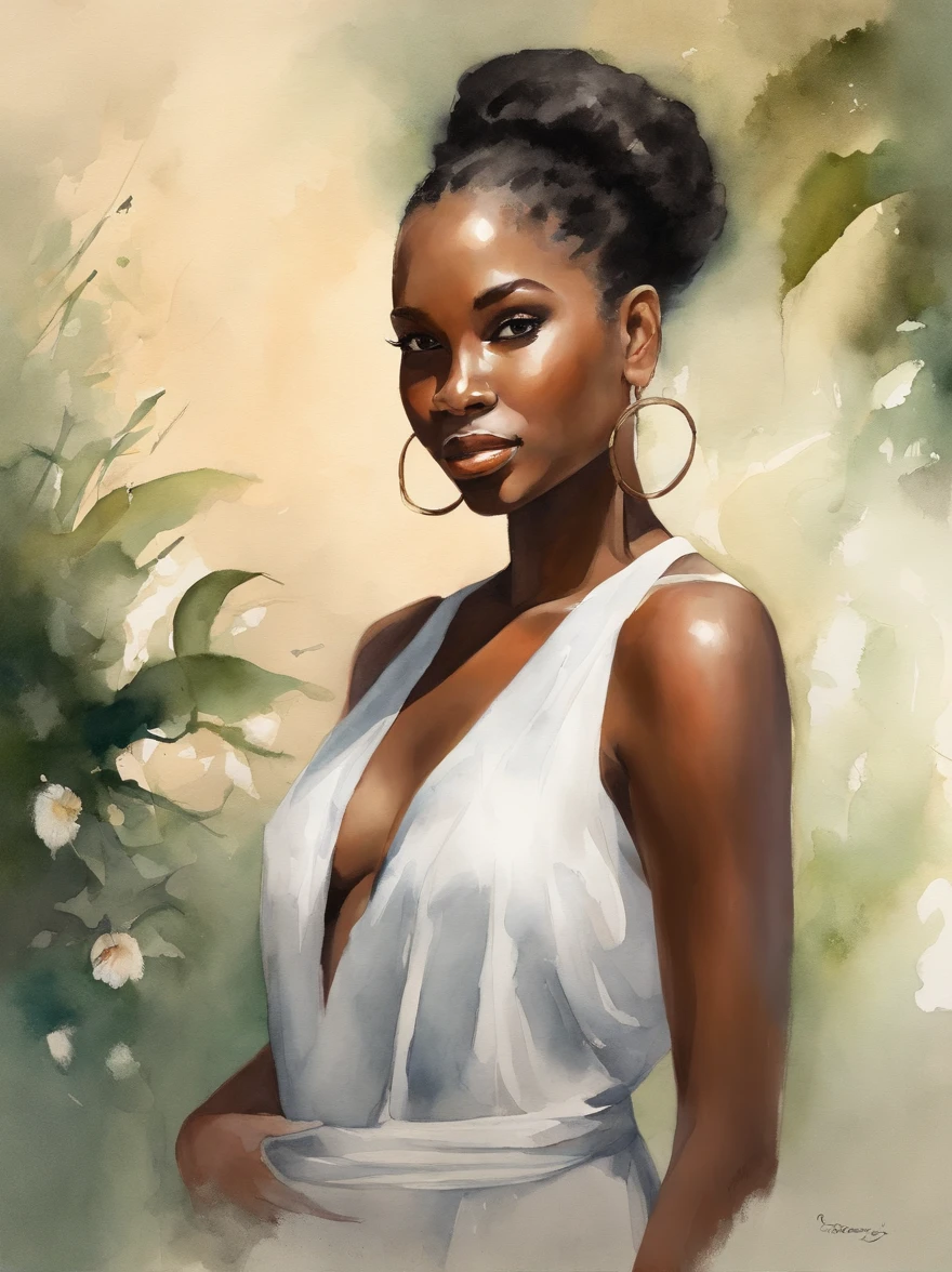 Watercolor painting of a beautiful black girl : : Trending on Artstation: : Simple composition creates a sense of order and harmony. The painting reflects the spiritual qualities of the natural world. --up light --ar 9:16
