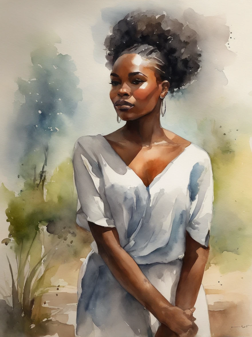 Watercolor painting of a beautiful black girl : : Trending on Artstation: : Simple composition creates a sense of order and harmony. The painting reflects the spiritual qualities of the natural world. --up light --ar 9:16