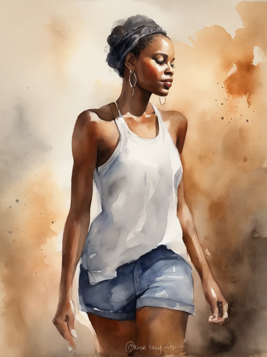 Watercolor painting of a beautiful black girl : : Trending on Artstation: : Simple composition creates a sense of order and harmony. The painting reflects the spiritual qualities of the natural world. --up light --ar 9:16