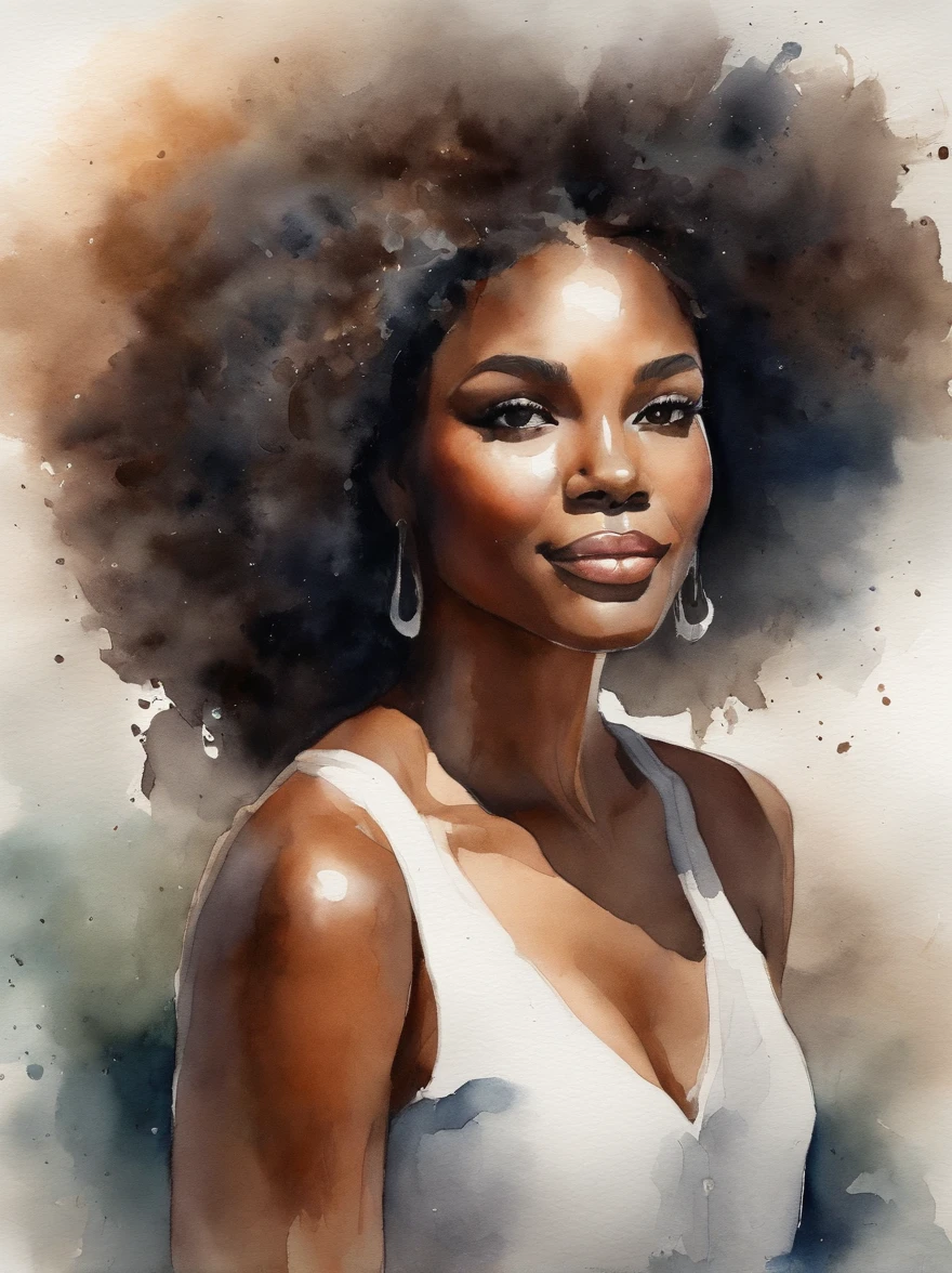 Watercolor painting of a beautiful black girl : : Trending on Artstation: : Simple composition creates a sense of order and harmony. The painting reflects the spiritual qualities of the natural world. --up light --ar 9:16