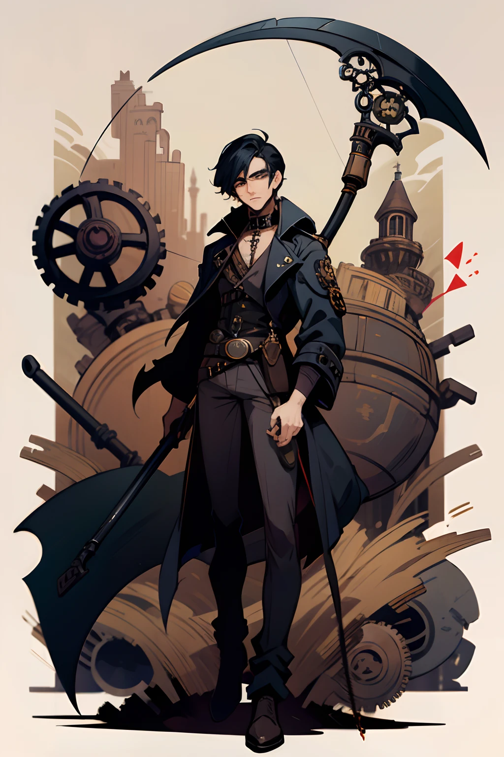 man helding a scythe, black hair, full body, steampunk villain costume