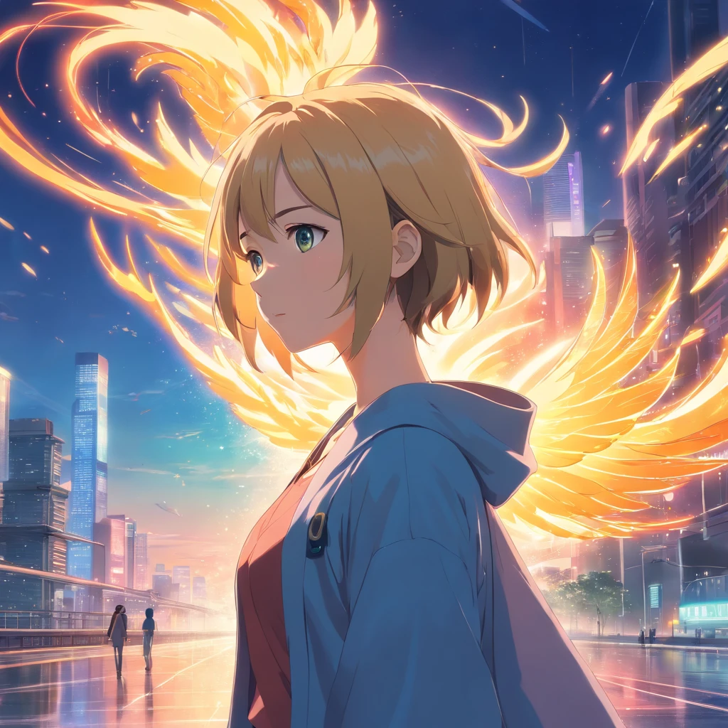 realistic, (masterpiece, top quality, best quality, official art, beautiful and aesthetic:1.2,8k, 4k), extremely detailed, fractal art, colourful, highest detailed,(abstract background:1.3) solo mature female , tall good build girl, (golden phoenix), blonde hair, bright eyes, hair slicked back, short hair, black robe,