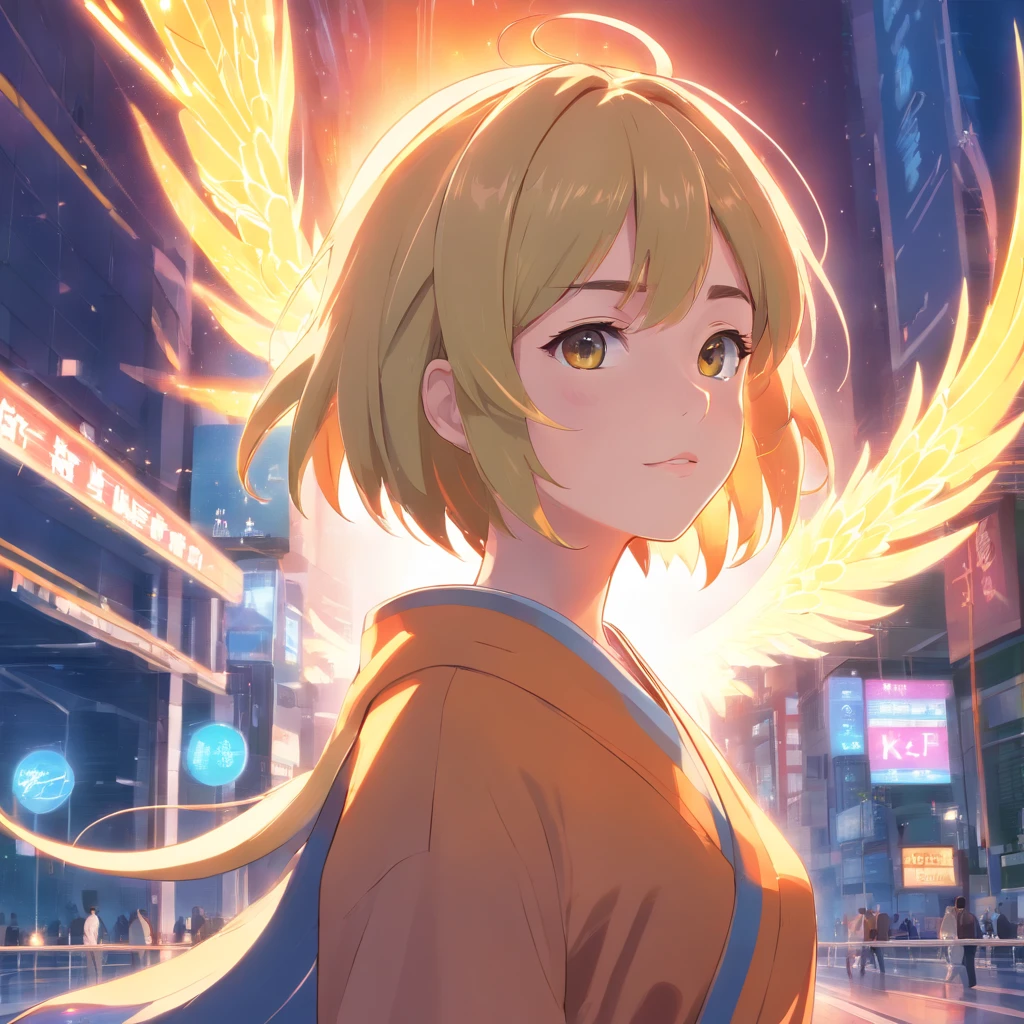 realistic, (masterpiece, top quality, best quality, official art, beautiful and aesthetic:1.2,8k, 4k), extremely detailed, fractal art, colourful, highest detailed,(abstract background:1.3) solo mature female , tall good build girl, (golden phoenix), blonde hair, bright eyes, hair slicked back, short hair, black robe,