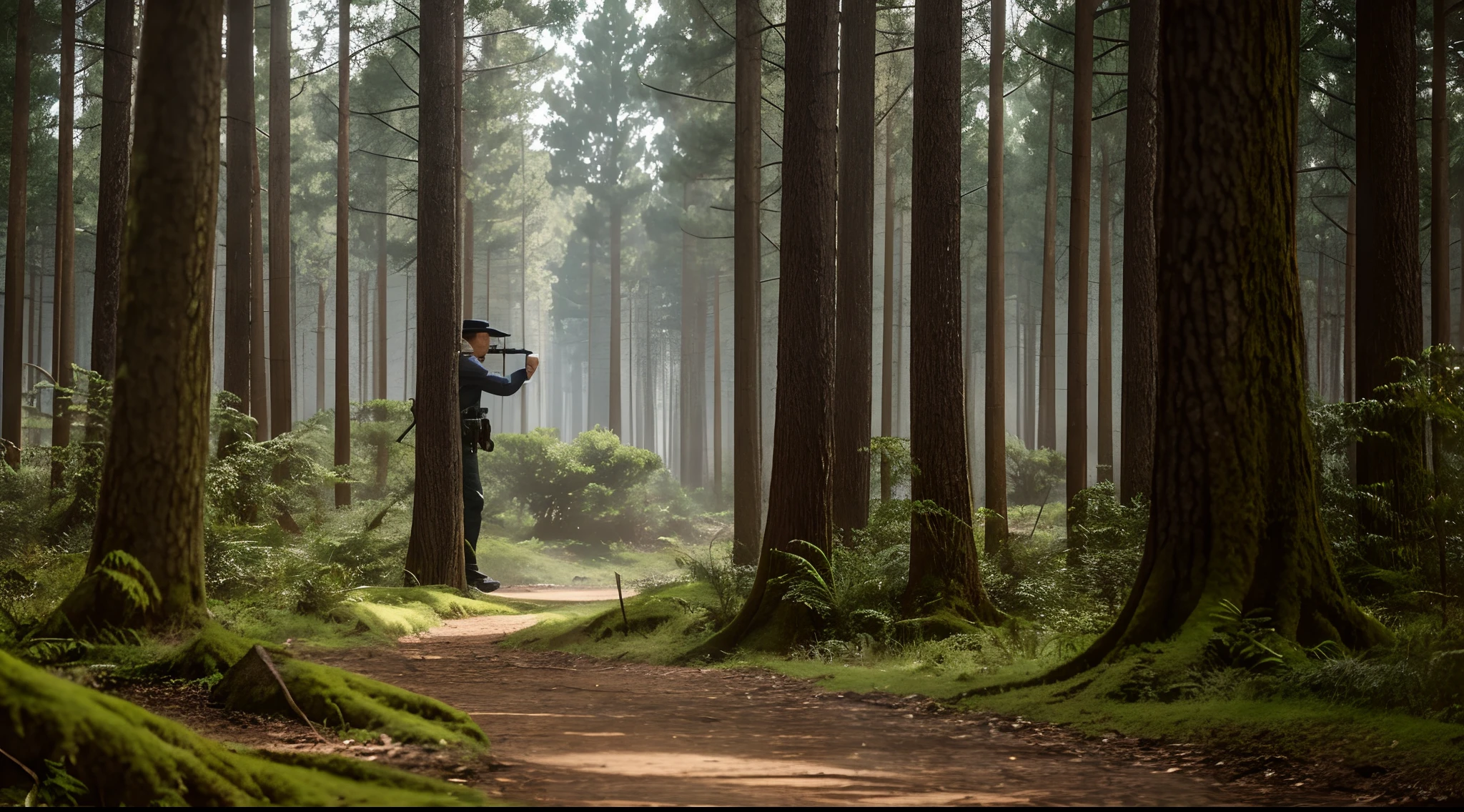 Describe the master's actions as he takes the shot from a distance. What is the atmosphere like in the forest at this crucial moment?