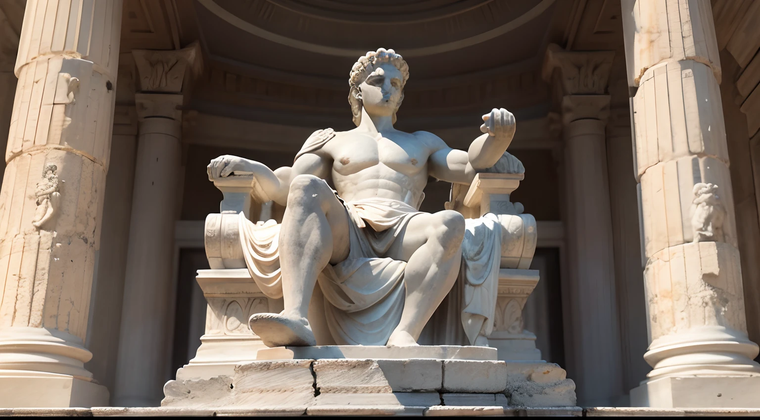 Ancient Greek statue with angry expression, Outside, com rosto extremamente detalhado, full body view, Colors with low saturation with dark tone, Filmado em Sony A7S III com Sony FE 35mm f/1.8, 12.1 MP, --AR 3:2 --estilo cru